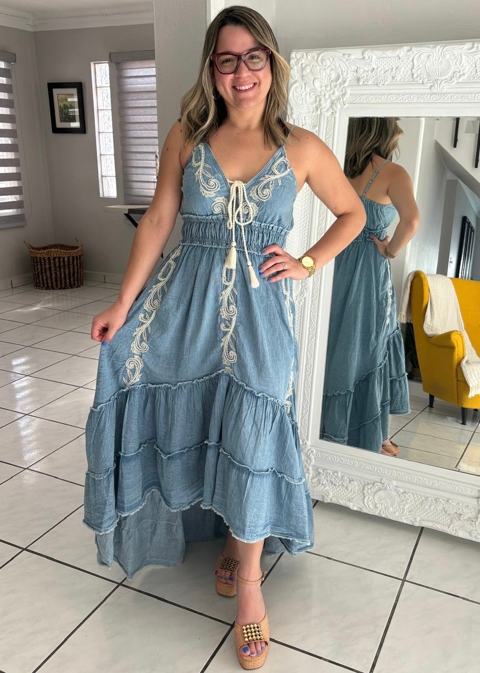 boho denim dress Embroidered Tiered Denim Dress