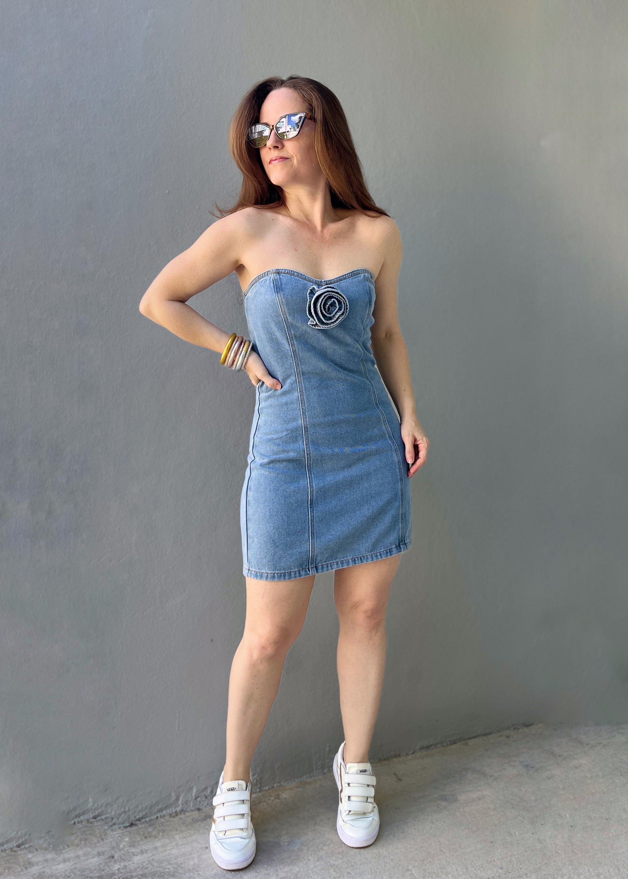 Rosette Denim Dress – Moon Boutique